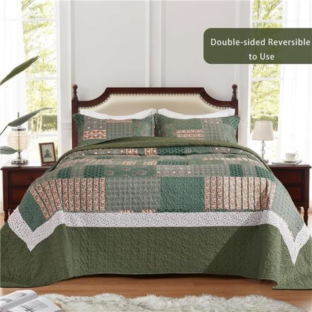 3 Pieces California King Size Quilt Set Olive Green Oversized 120x120